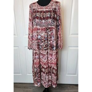 Knox Rose Boho Midi Dress L Sheer Tiered Long Sleeve Embroidered Cottage Prairie